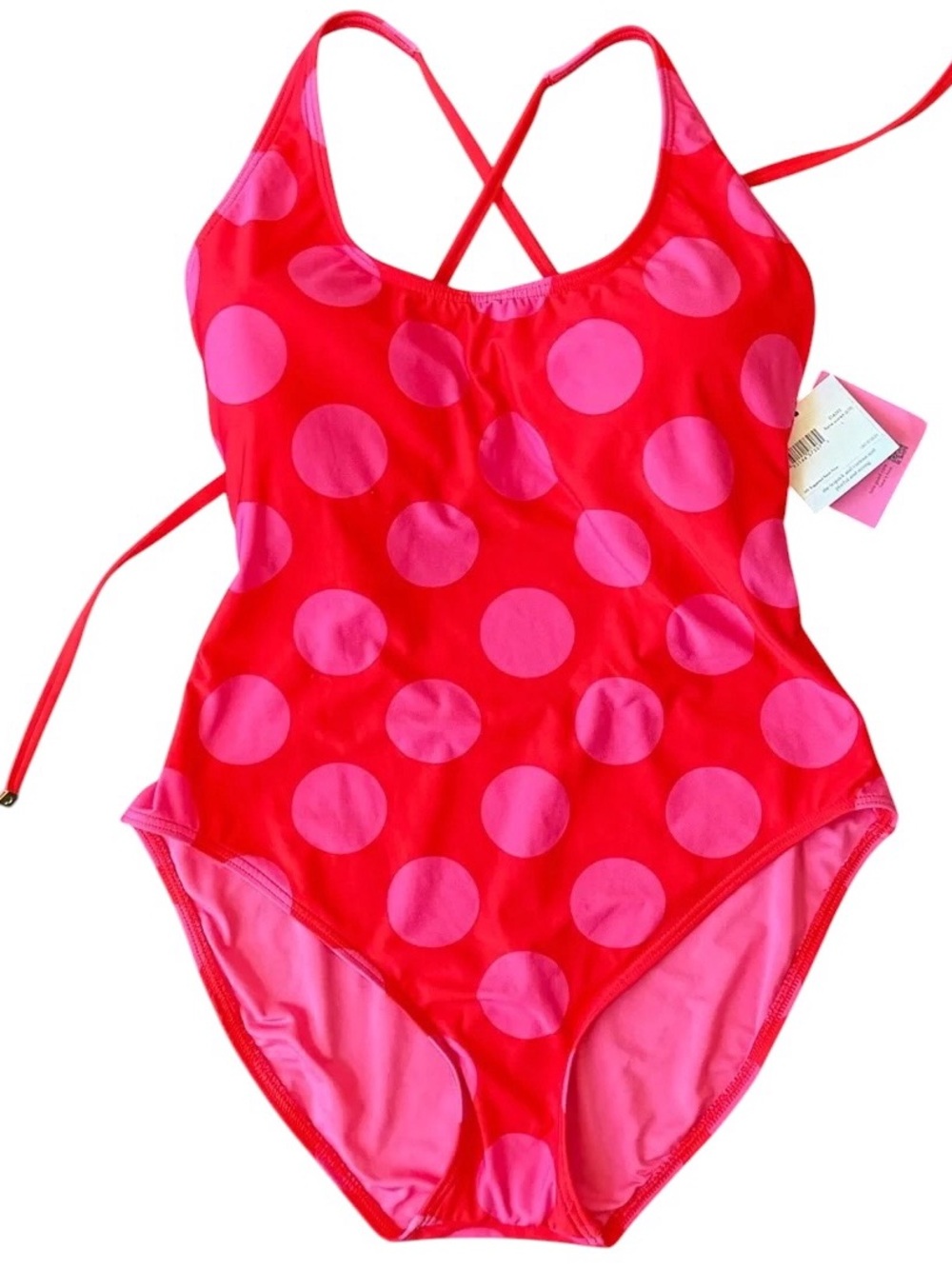 Kate Spade lace-up-back one-piece swimsuit "Flame Scarlet" polka dots XL NWT